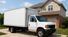 A white moving truck parked in front of a suburban house