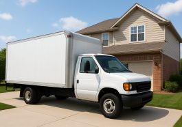 A white moving truck parked in front of a suburban house