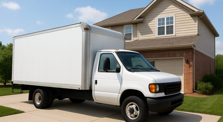 A white moving truck parked in front of a suburban house
