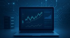 a laptop displaying various trading charts on its screen, set against a dark tech background