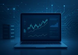 a laptop displaying various trading charts on its screen, set against a dark tech background