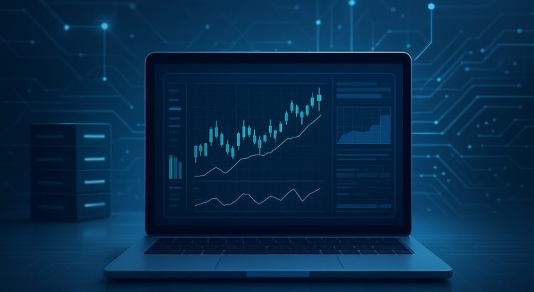 a laptop displaying various trading charts on its screen, set against a dark tech background