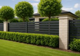 A modern fence enhancing the look of a property with neatly trimmed hedges and trees in the background.