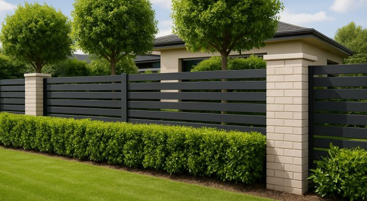 A modern fence enhancing the look of a property with neatly trimmed hedges and trees in the background.