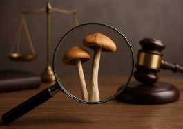 Magnifying glass focusing on two magic mushrooms with a gavel and scales of justice in the background