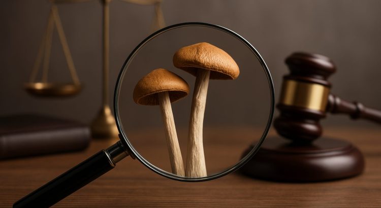 Magnifying glass focusing on two magic mushrooms with a gavel and scales of justice in the background